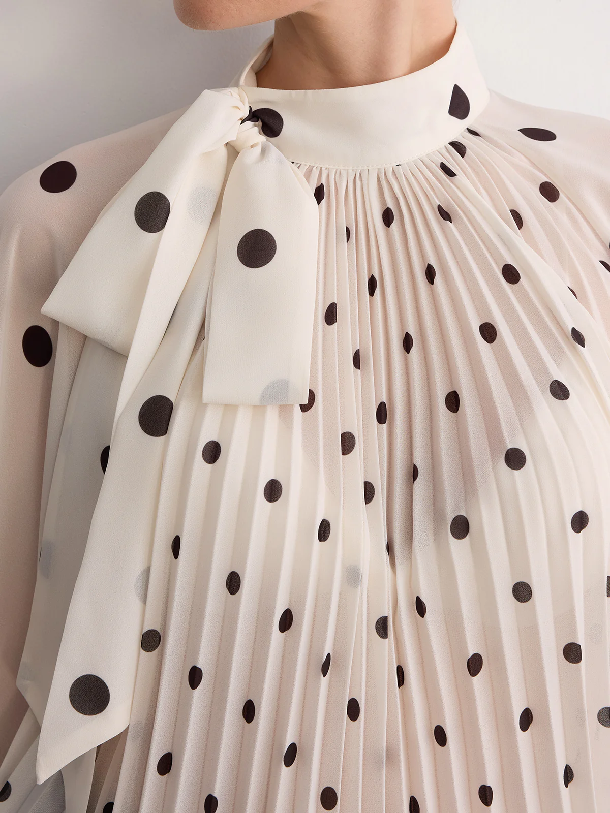 Bow Neck Pleated Polka Dot Blouse - Image 5