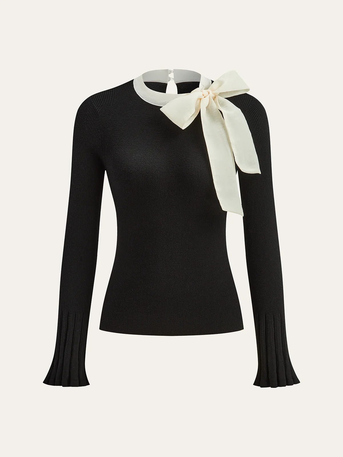 Bow Ribbed Flared Cuff Sweater