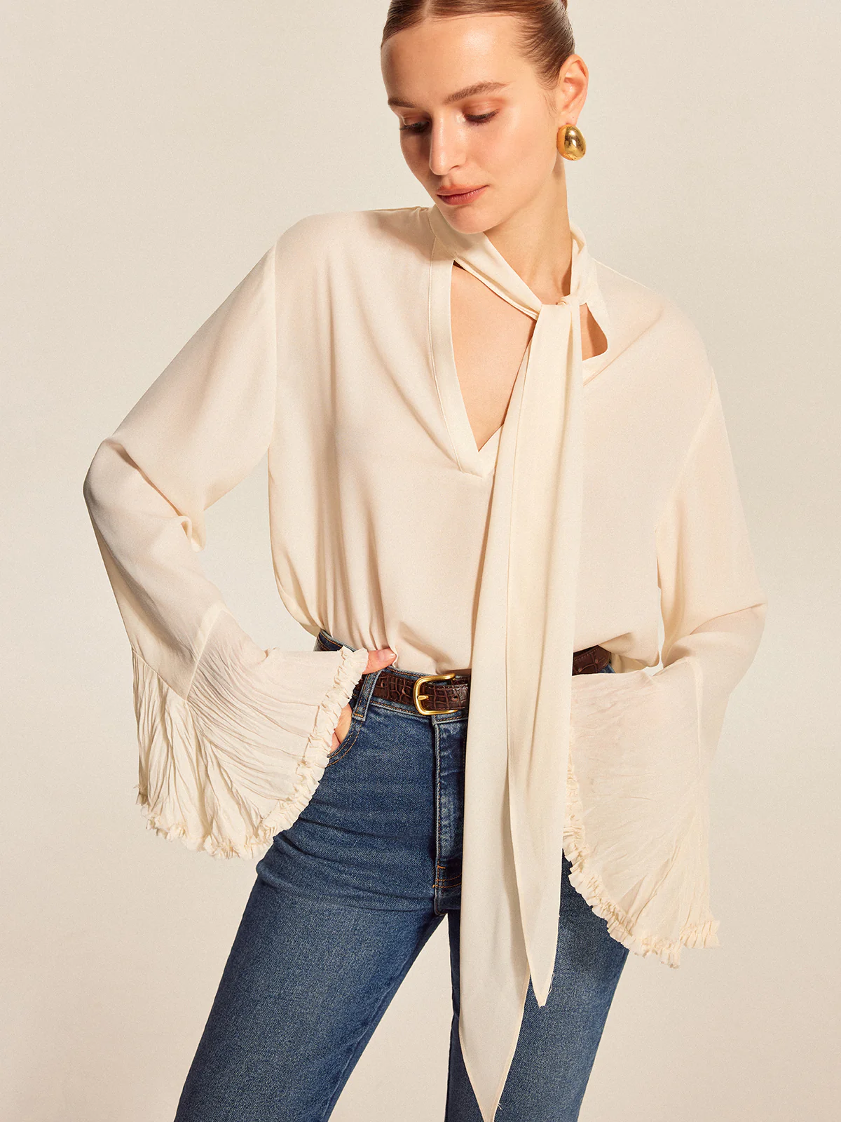 Semi-Sheer Bow Tie Pleated Cuff Chiffon Blouse - Image 2