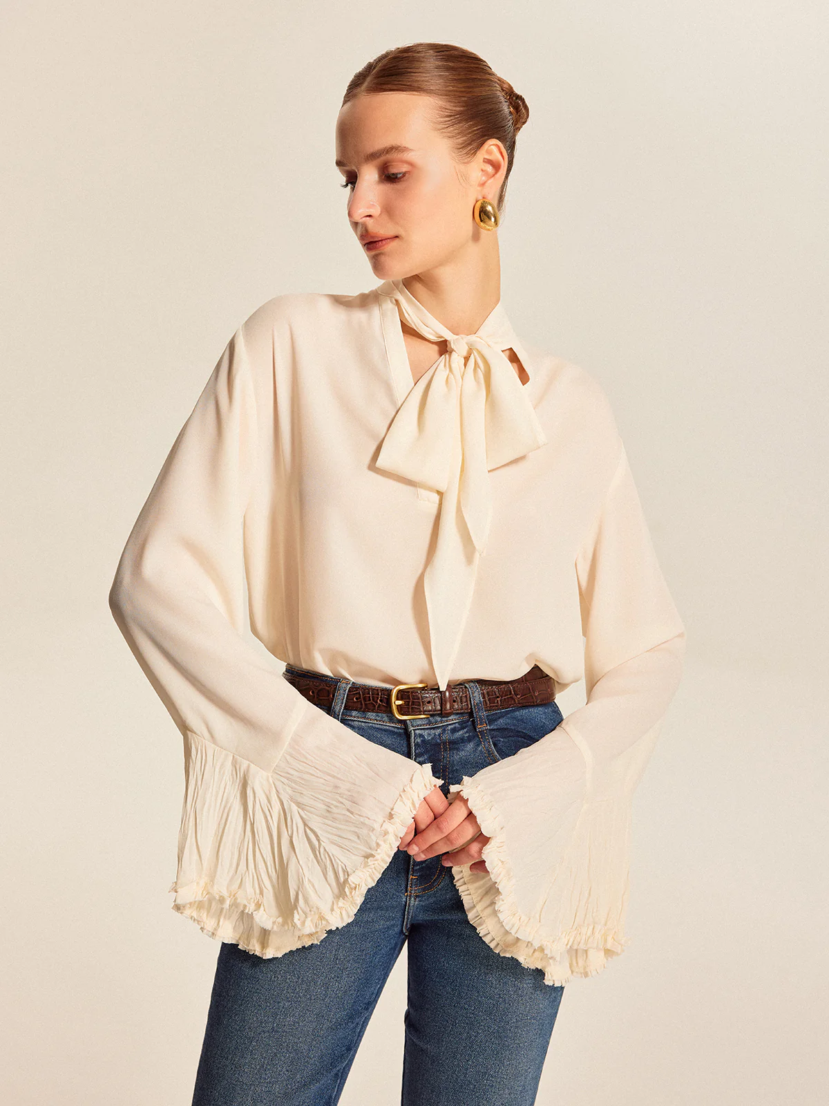 Semi-Sheer Bow Tie Pleated Cuff Chiffon Blouse - Image 3