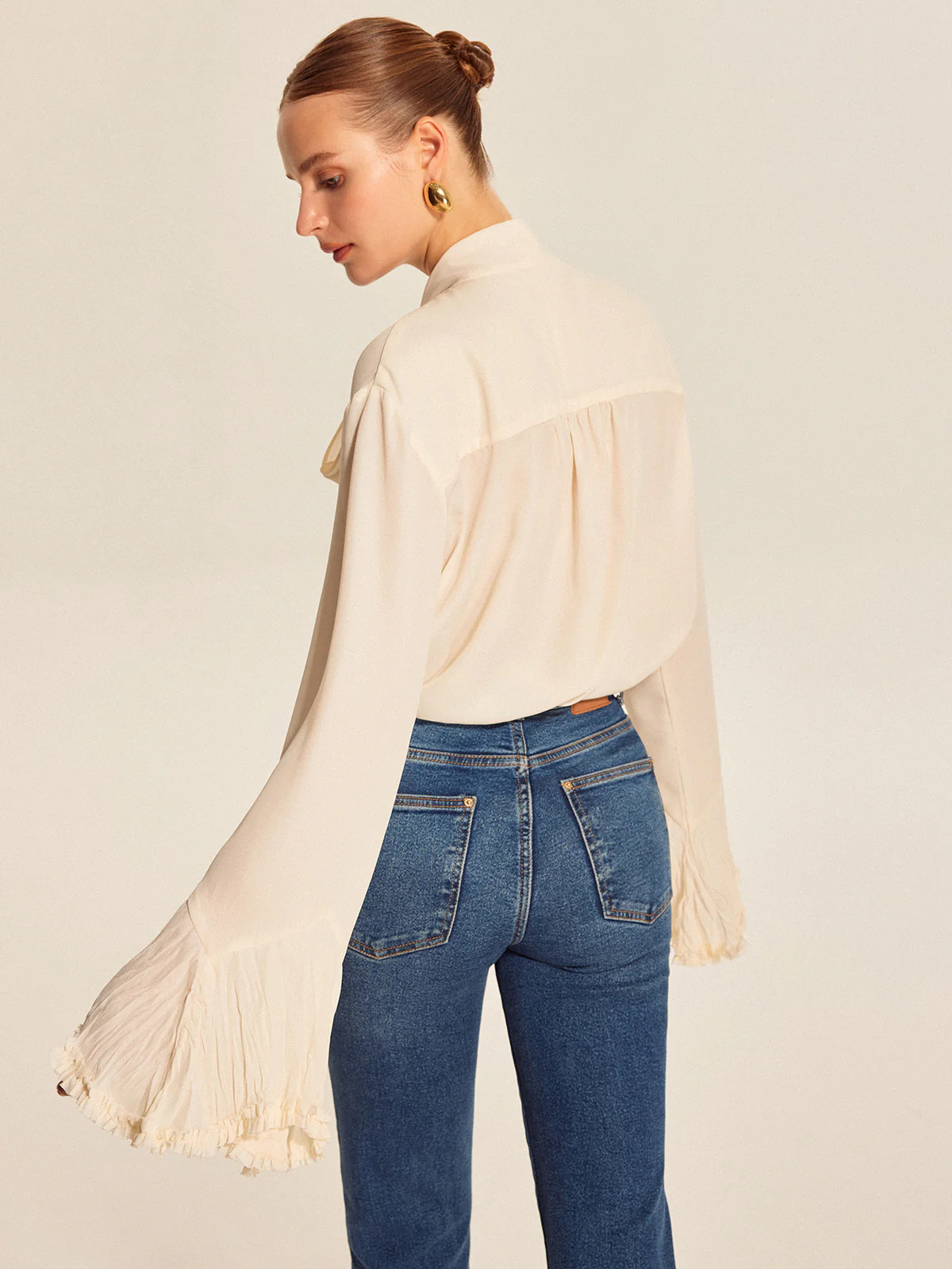 Semi-Sheer Bow Tie Pleated Cuff Chiffon Blouse - Image 6