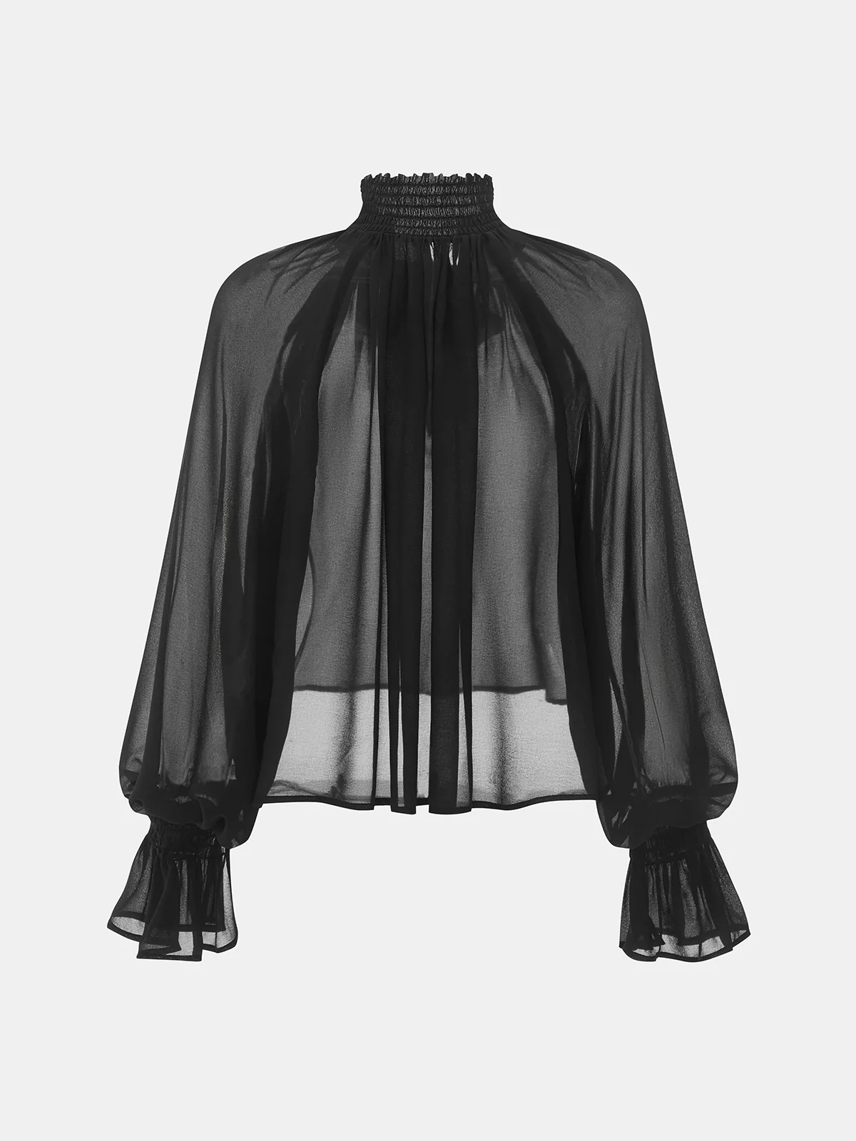 Bow Tie Smocked Sheer Flared Cuff Blouse - Image 2