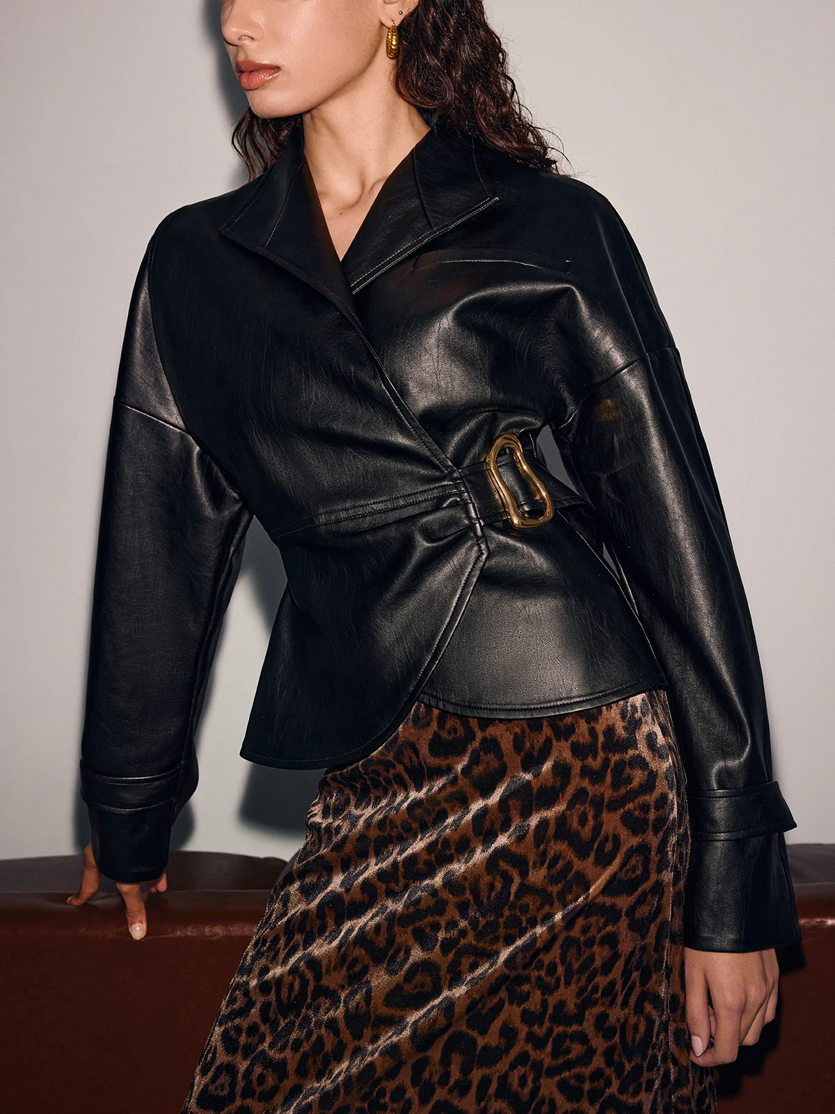 Buckle-Accented Cinched-Waist Faux Leather Jacket - Image 2