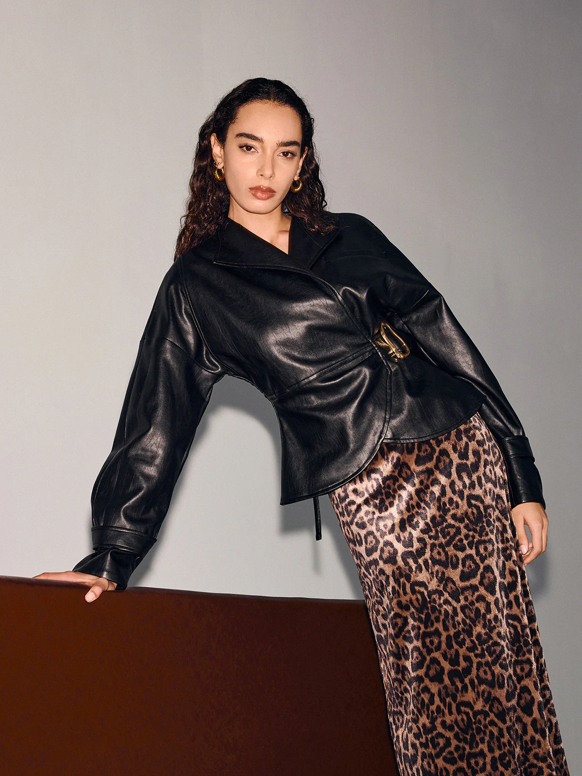 Buckle-Accented Cinched-Waist Faux Leather Jacket - Image 3