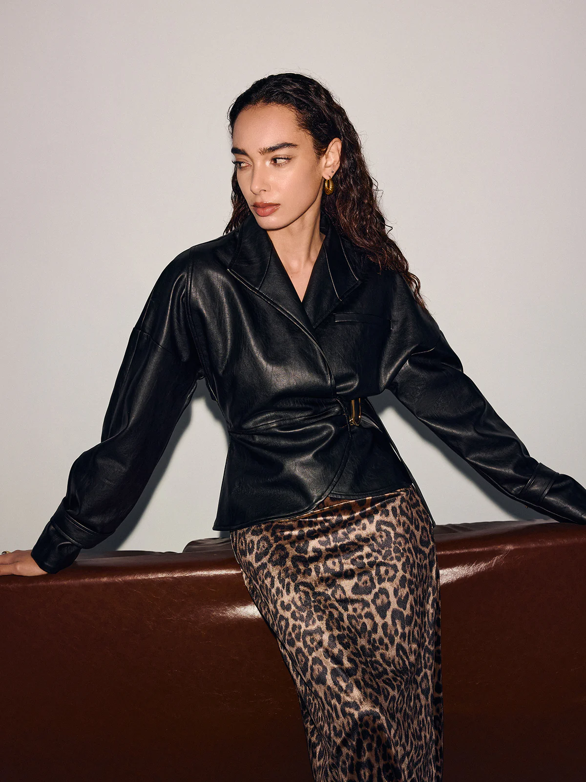 Buckle-Accented Cinched-Waist Faux Leather Jacket - Image 4