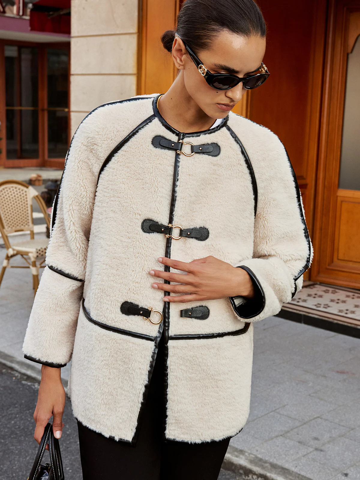 Buckle Detail Contrast Trim Faux Fur Coat - Image 2