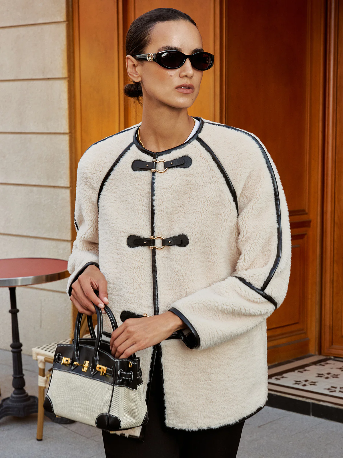 Buckle Detail Contrast Trim Faux Fur Coat - Image 3