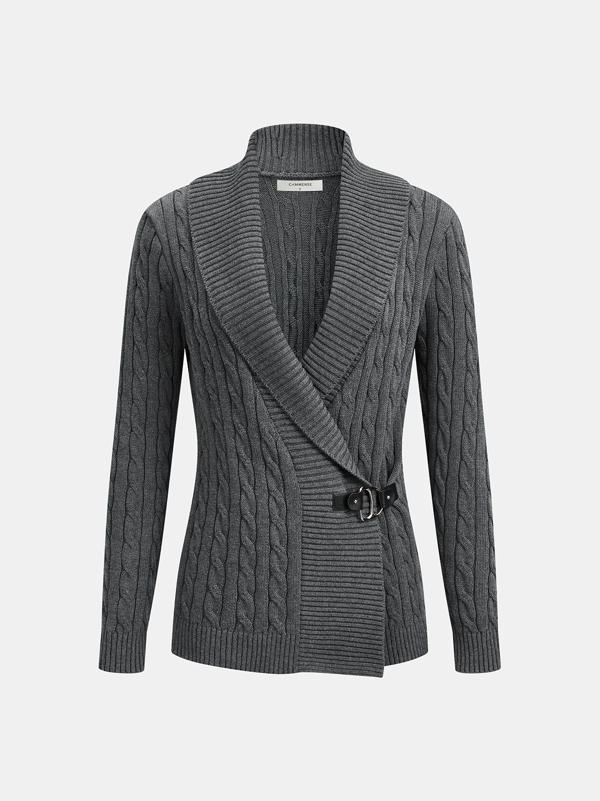 Buckle Detail Shawl Collar Cable-Knit Cardigan