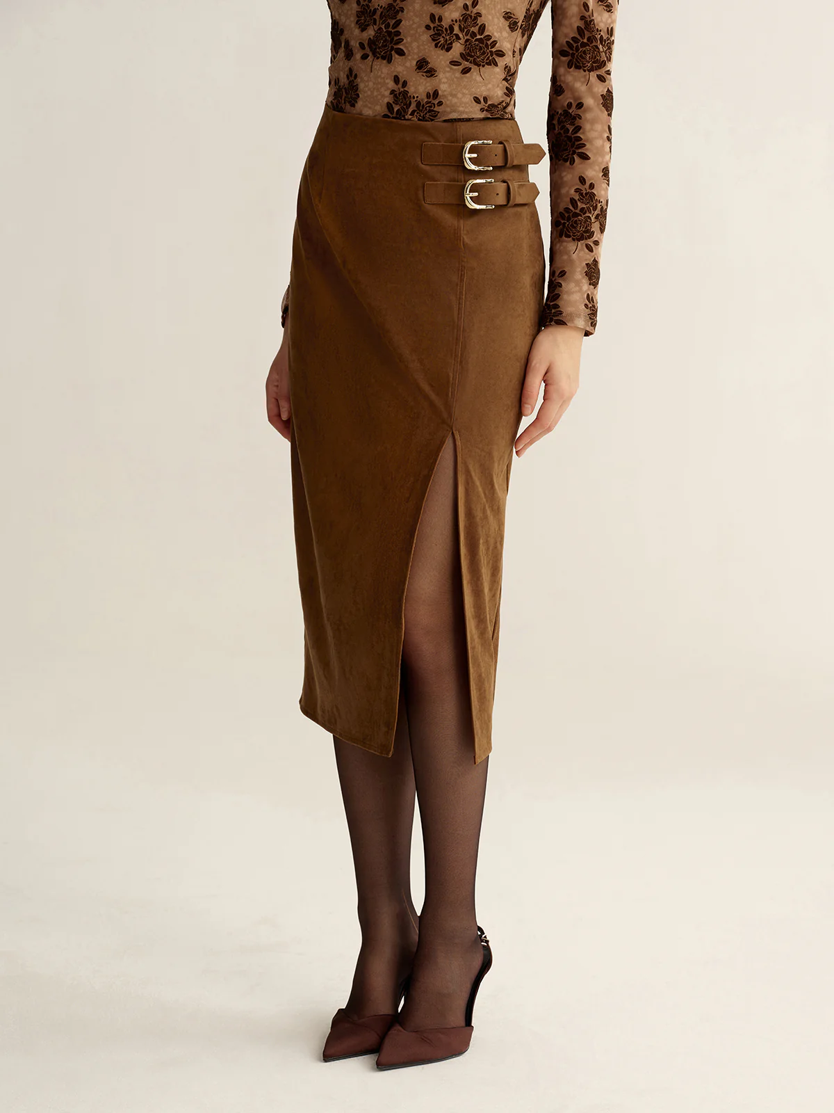 Buckle Detail Side Slit Suede Effect Maxi Skirt