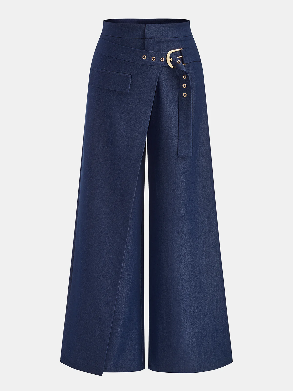 Buckle-Waist Overlap Wide Leg Pants