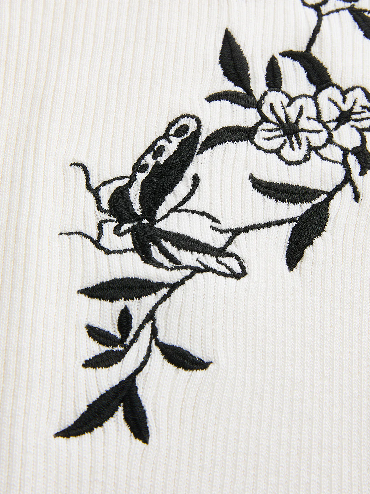 Butterfly Embroidery Keyhole Ribbed Knit Top - Image 3