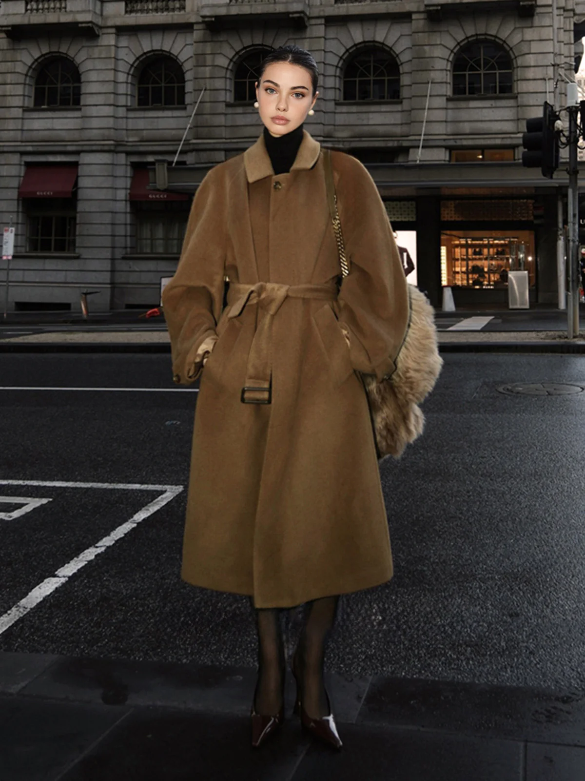 Button Belted Lapel Long Coat - Image 3