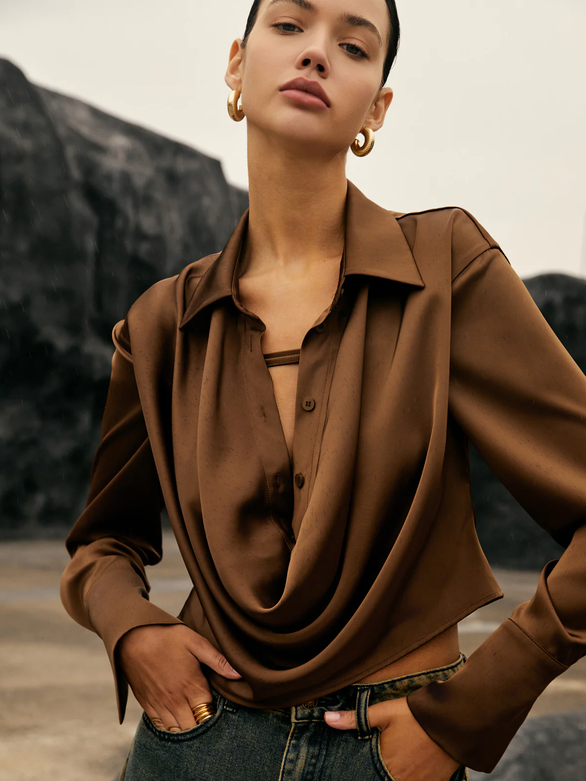 Button Cowl Neck Long Sleeve Shirt - Image 5