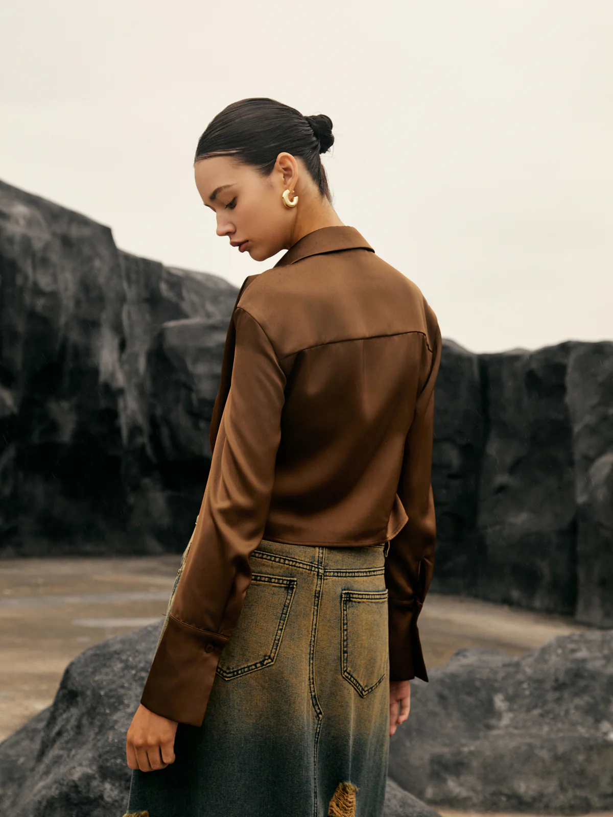 Button Cowl Neck Long Sleeve Shirt - Image 6
