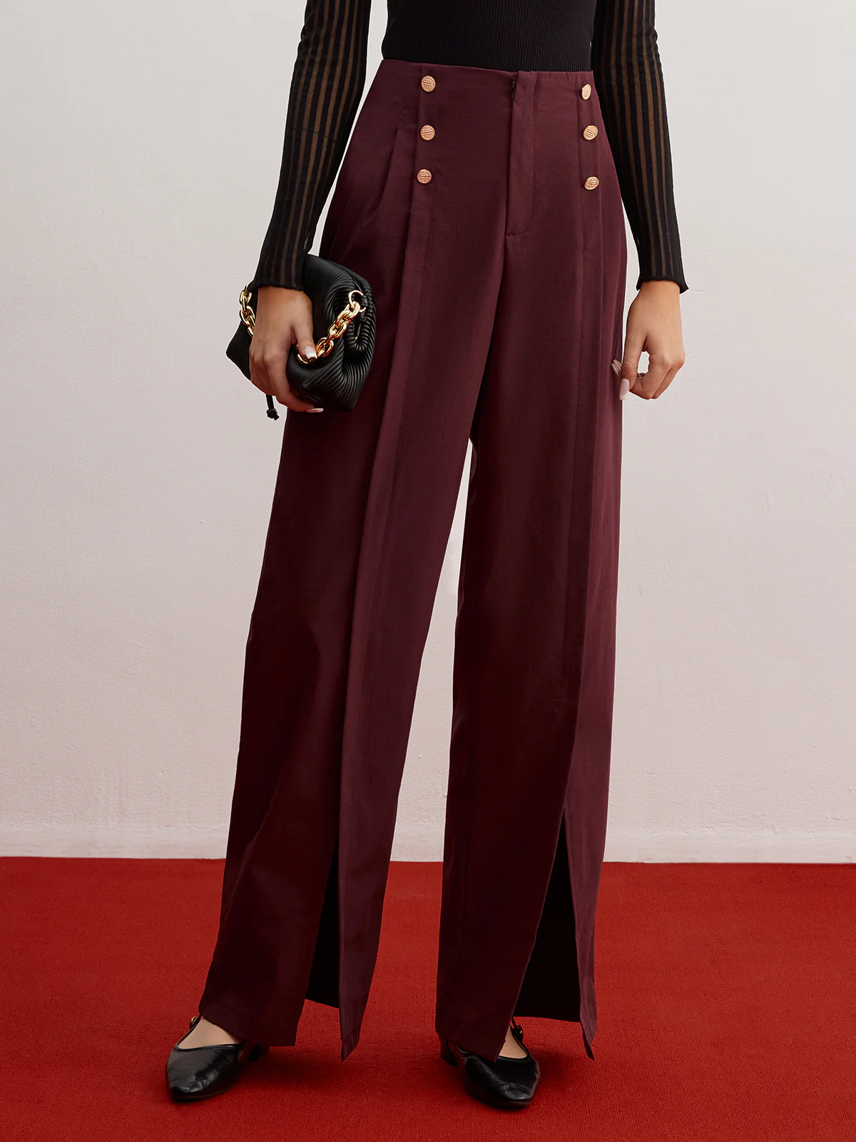 Button Decor Split Wide-Leg Pants - Image 2