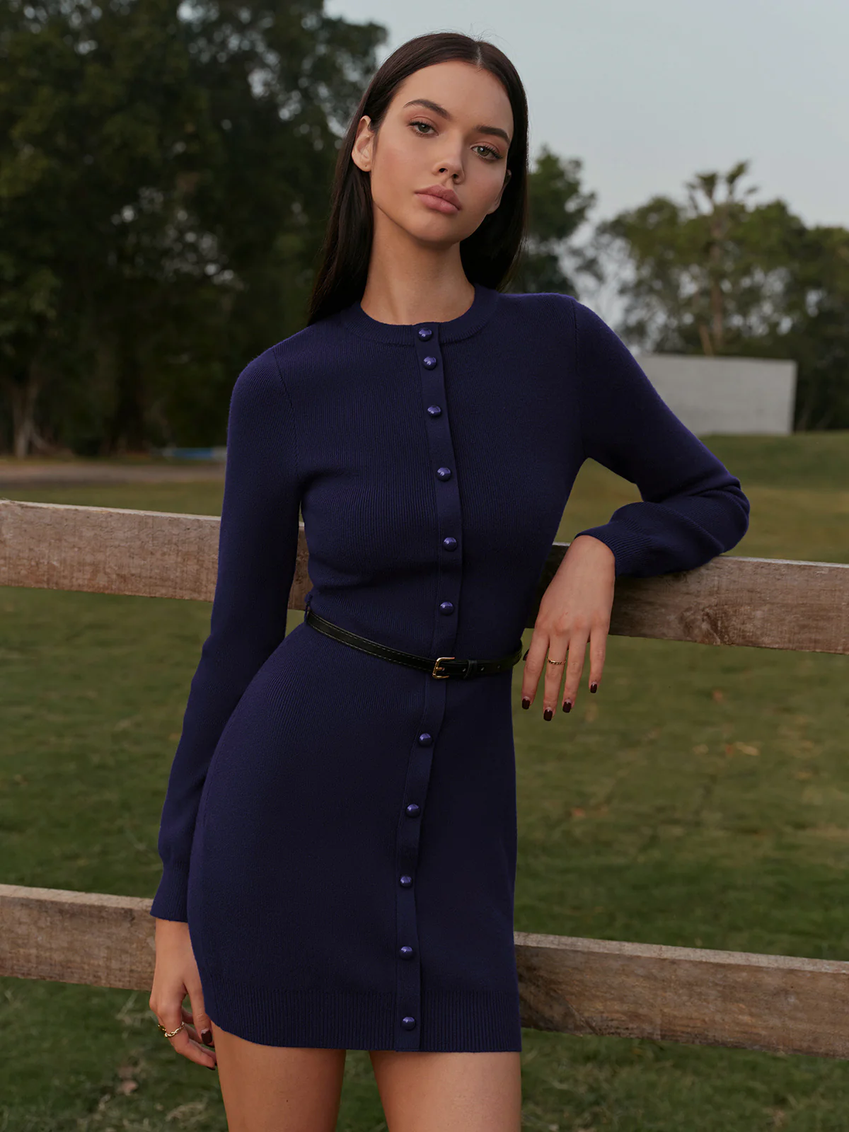 Button-Decor Sweater Hip-Covering Dress With Belt - Image 2