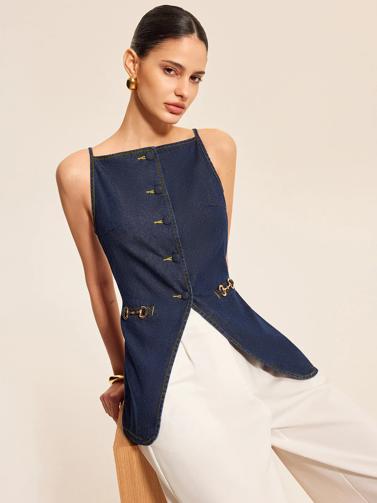 Button Detail Denim Shorts Set With Buckle Accents - Image 2