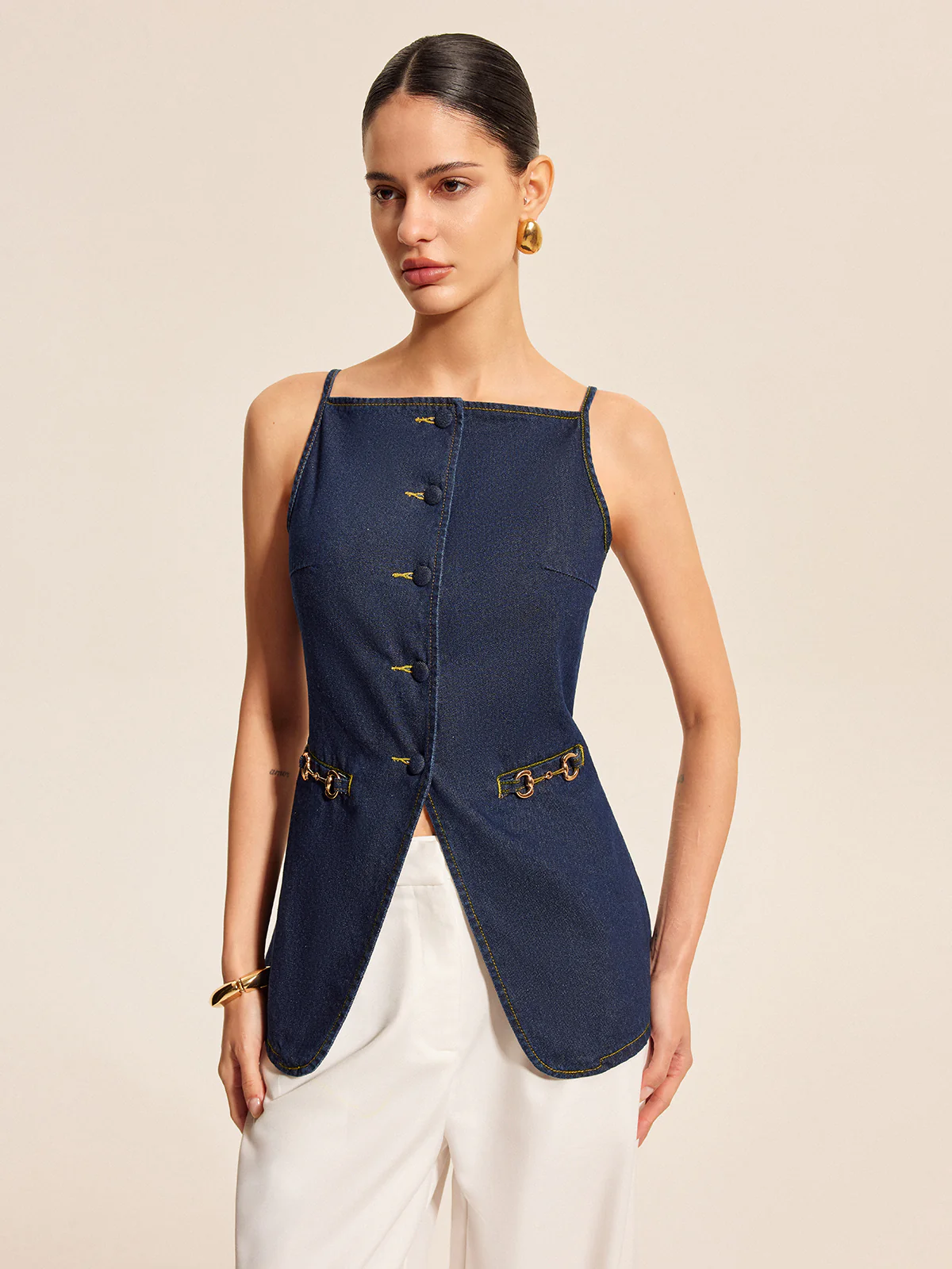 Button Detail Denim Shorts Set With Buckle Accents - Image 4
