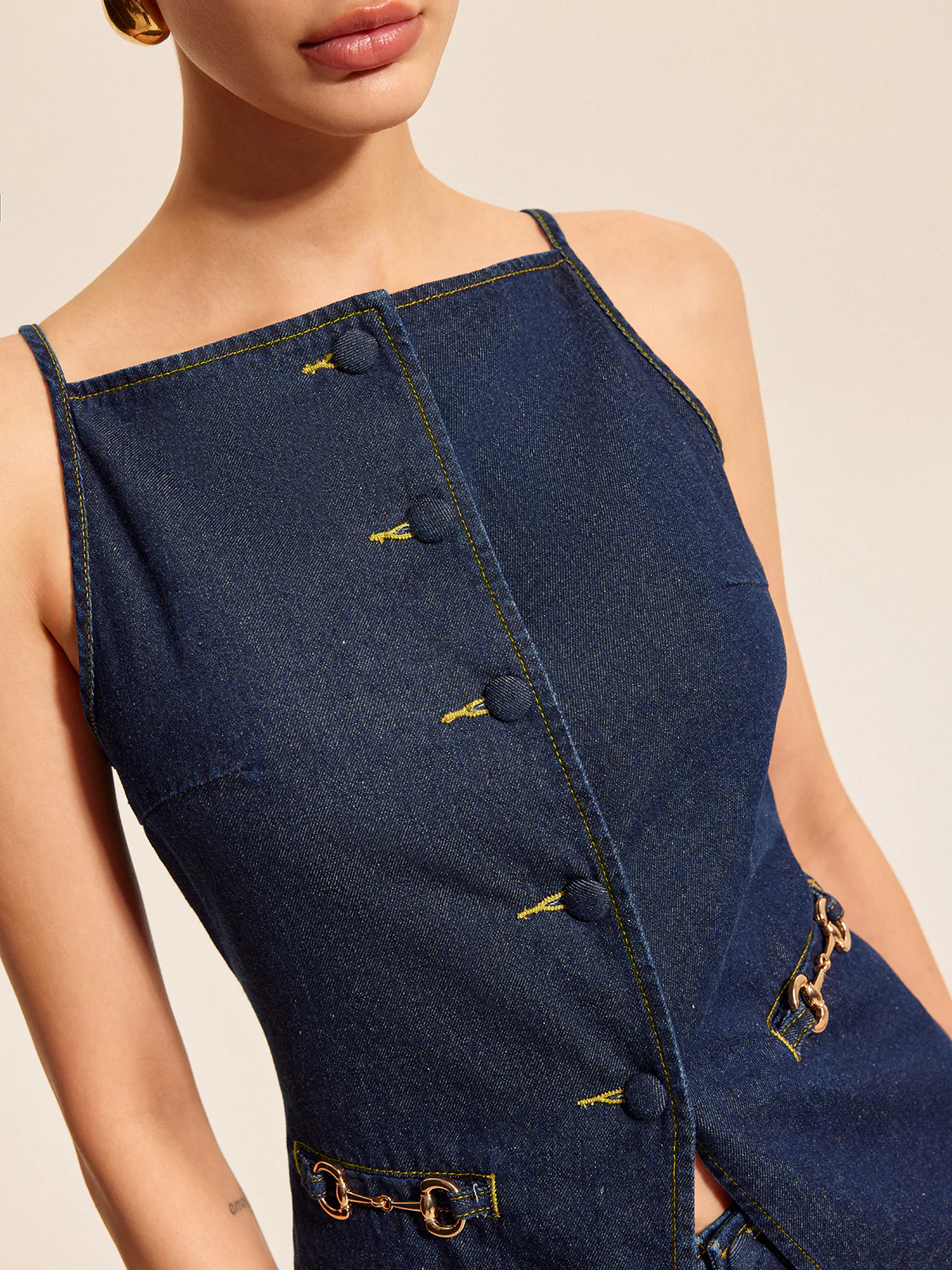 Button Detail Denim Shorts Set With Buckle Accents - Image 5