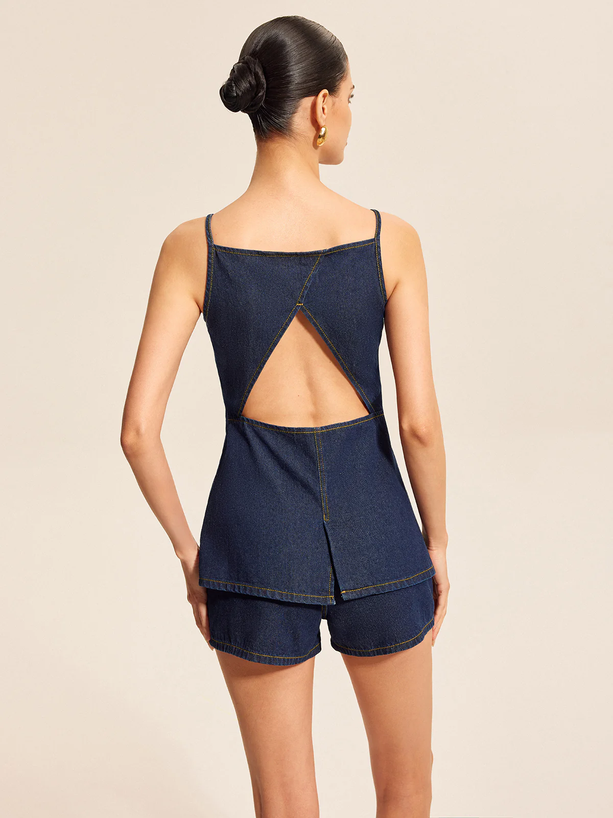 Button Detail Denim Shorts Set With Buckle Accents - Image 9