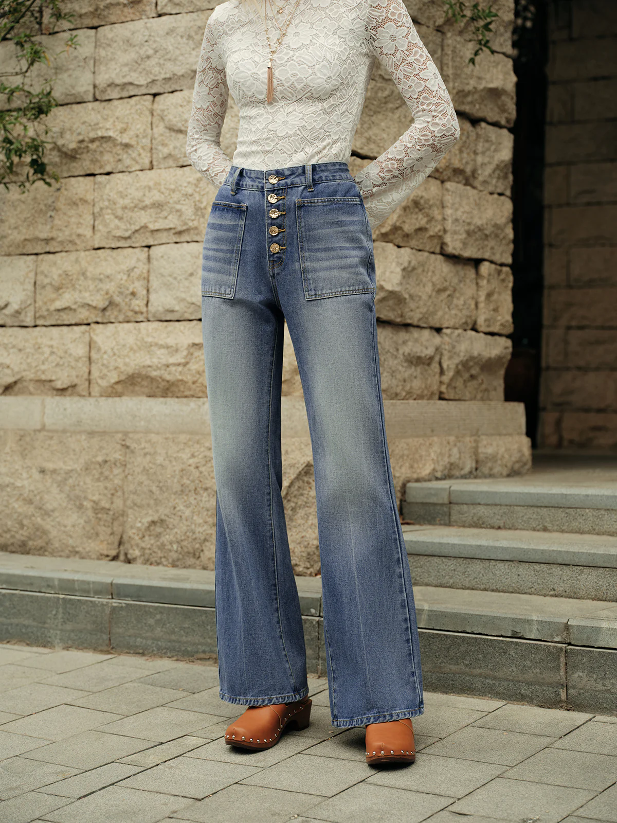 Button Detail High-Waisted Flared Denim Pants - Image 3