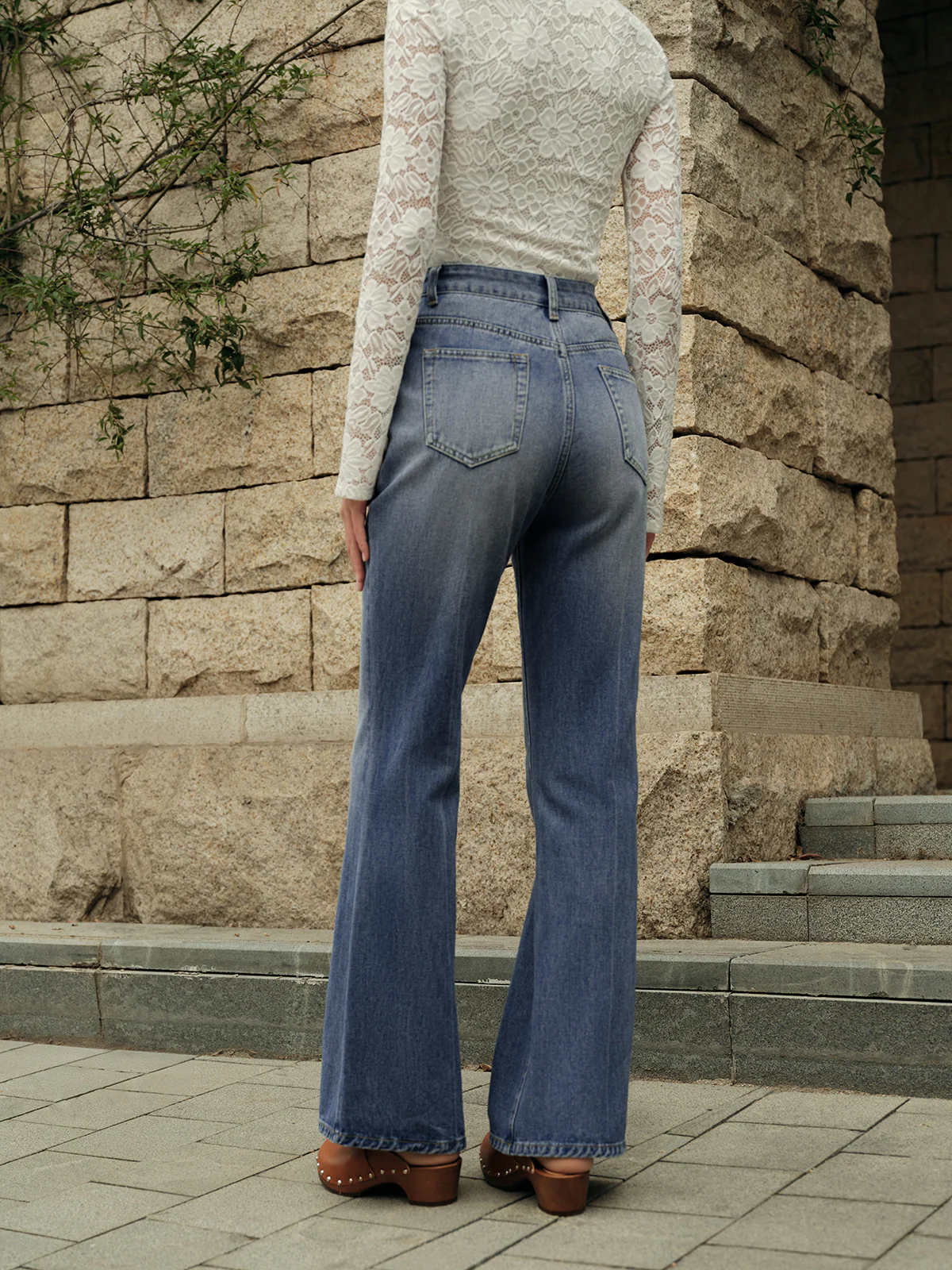 Button Detail High-Waisted Flared Denim Pants - Image 4