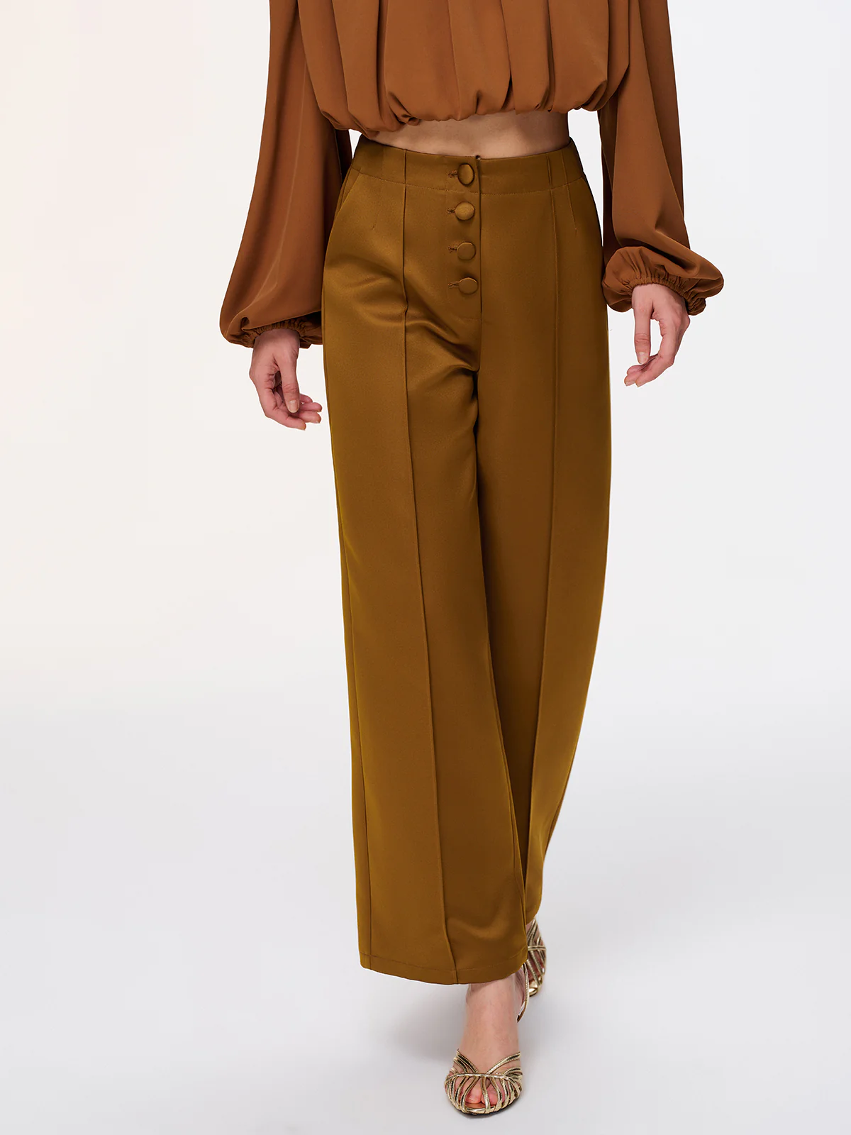 Button Detail Satin Wide-Leg Pants - Image 4