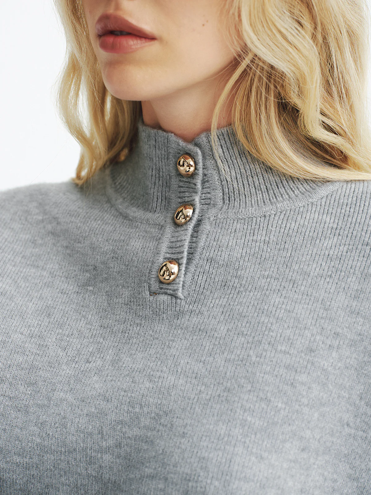Button Detail Stand Collar Casual Sweater - Image 2