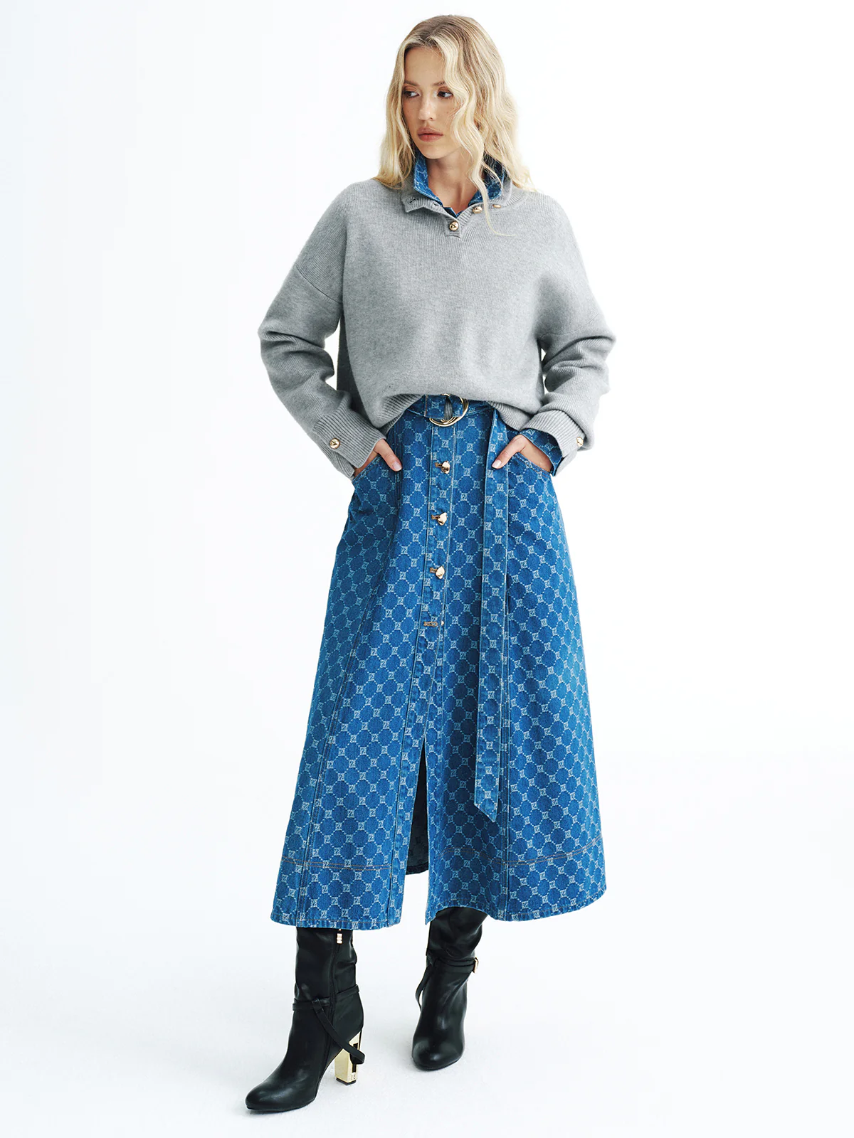 Button Detail Stand Collar Casual Sweater - Image 3