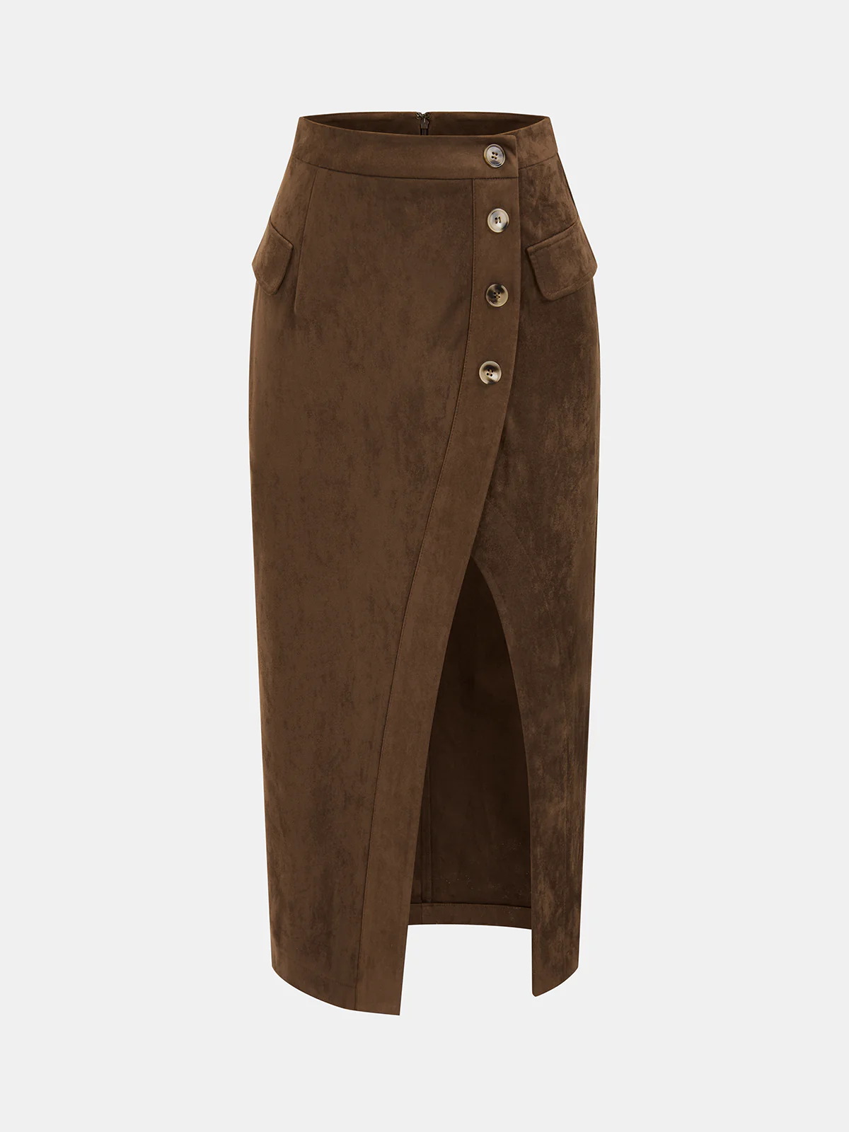 Button Detail Suede Effect Midi Skirt