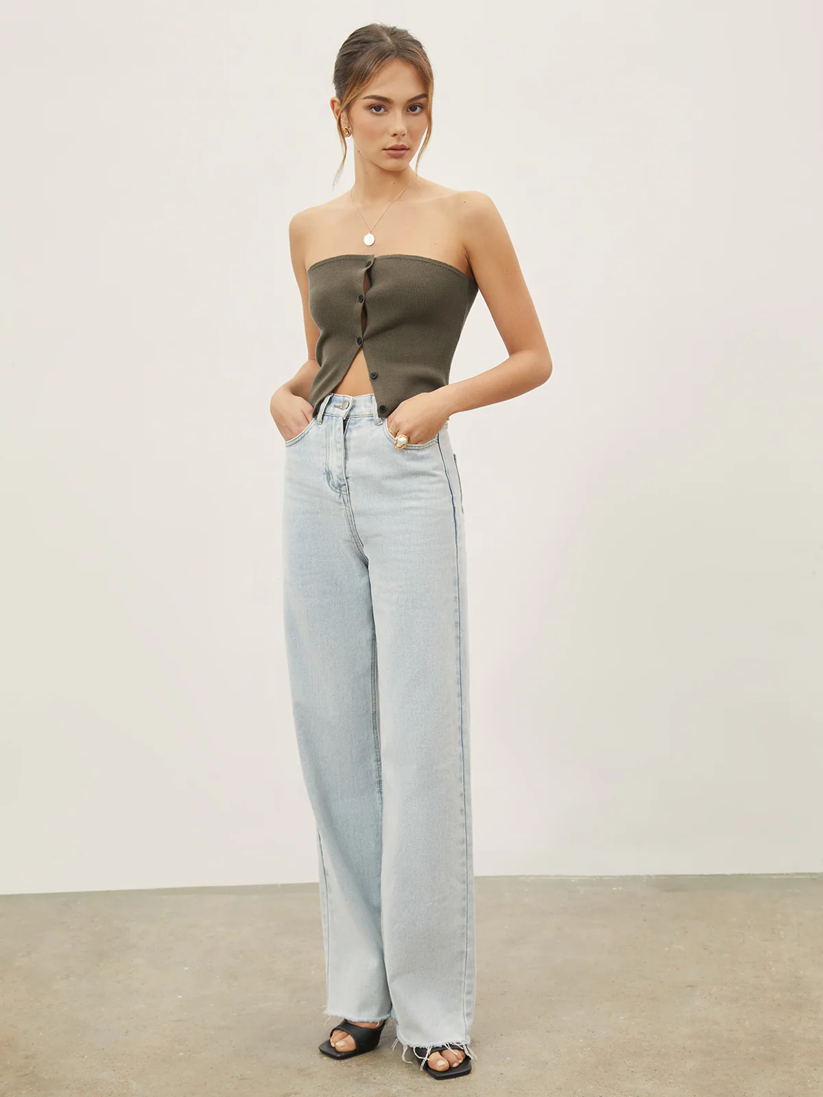 Button Down Knit Crop Strapeless Tube Top - Image 2