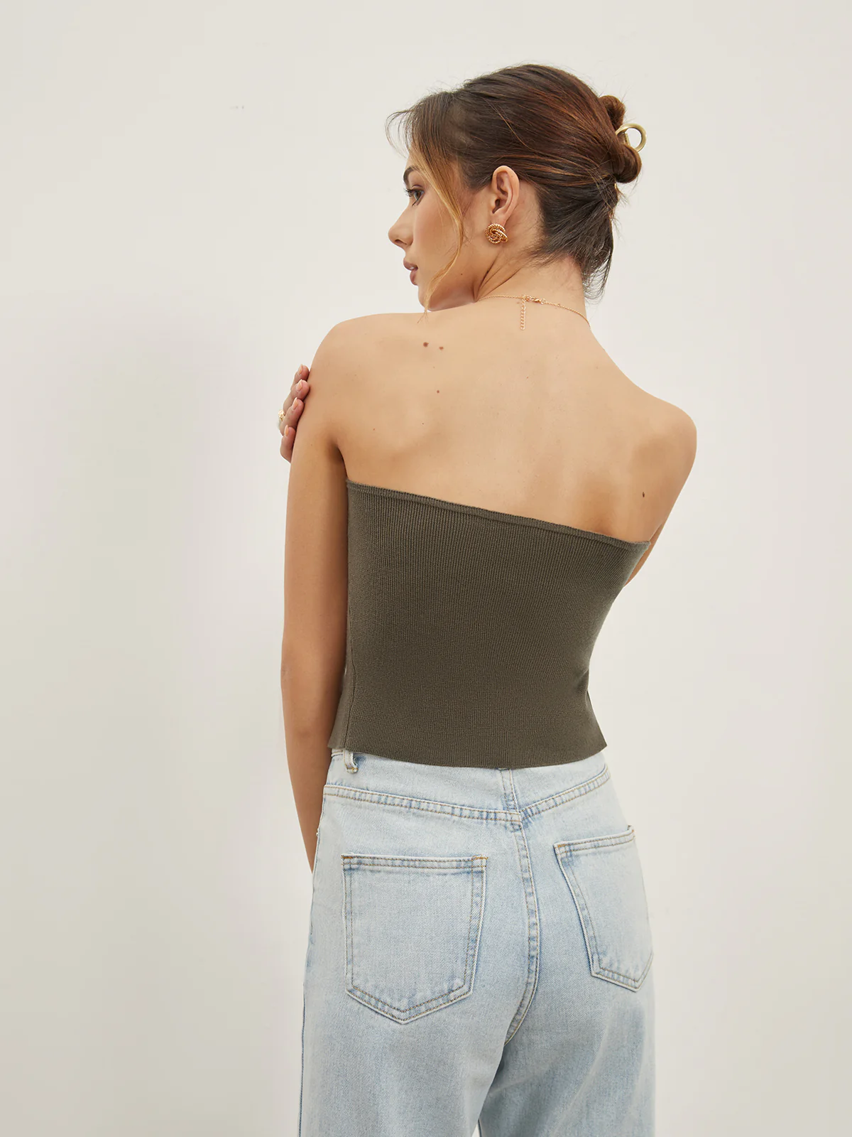 Button Down Knit Crop Strapeless Tube Top - Image 3