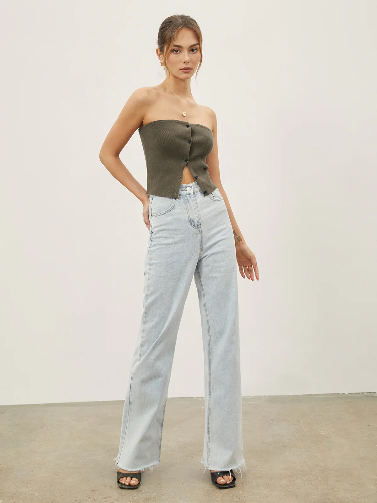 Button Down Knit Crop Strapeless Tube Top - Image 4