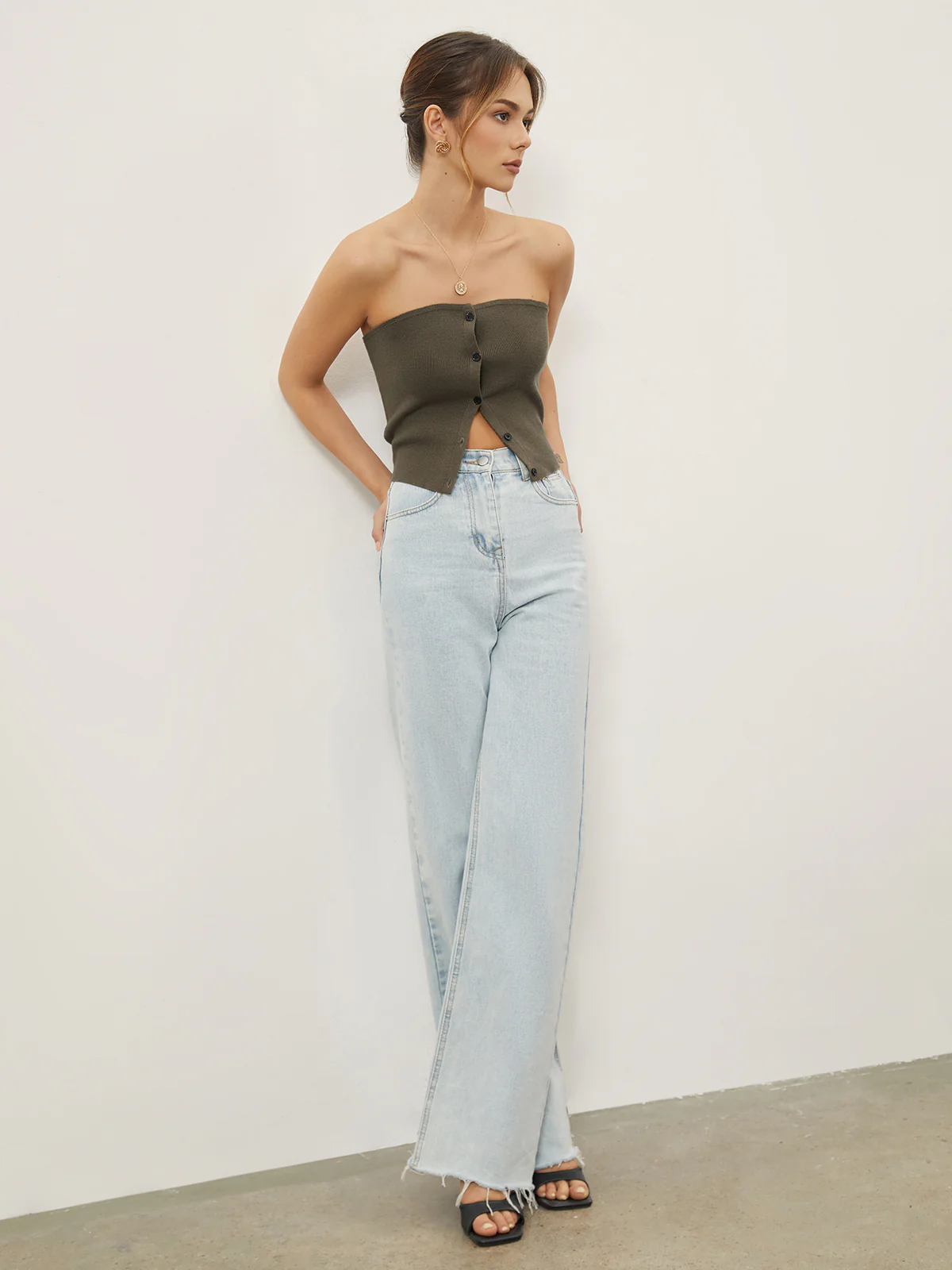 Button Down Knit Crop Strapeless Tube Top - Image 5