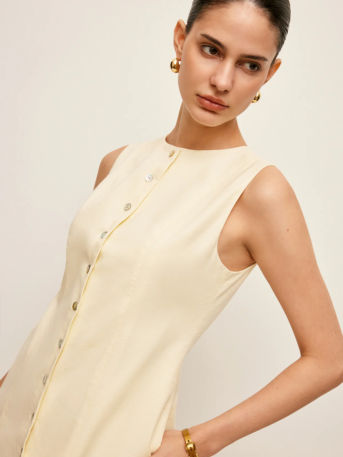 Button-Front Cotton & Linen Sleeveless Dress - Image 3