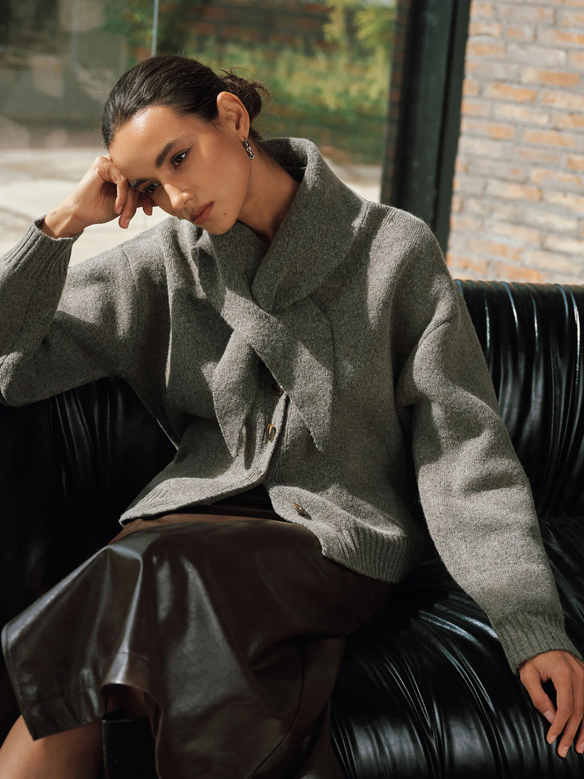 Button-Front Knit Cardigan with Scarf - Image 6