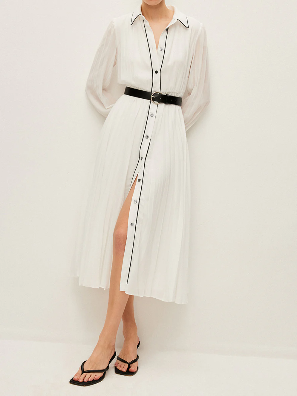Button-Front Pleated Dress With Belt - Image 2