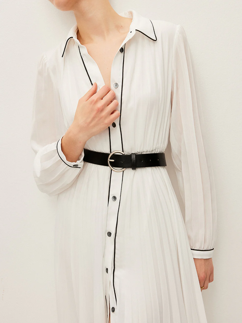Button-Front Pleated Dress With Belt - Image 4