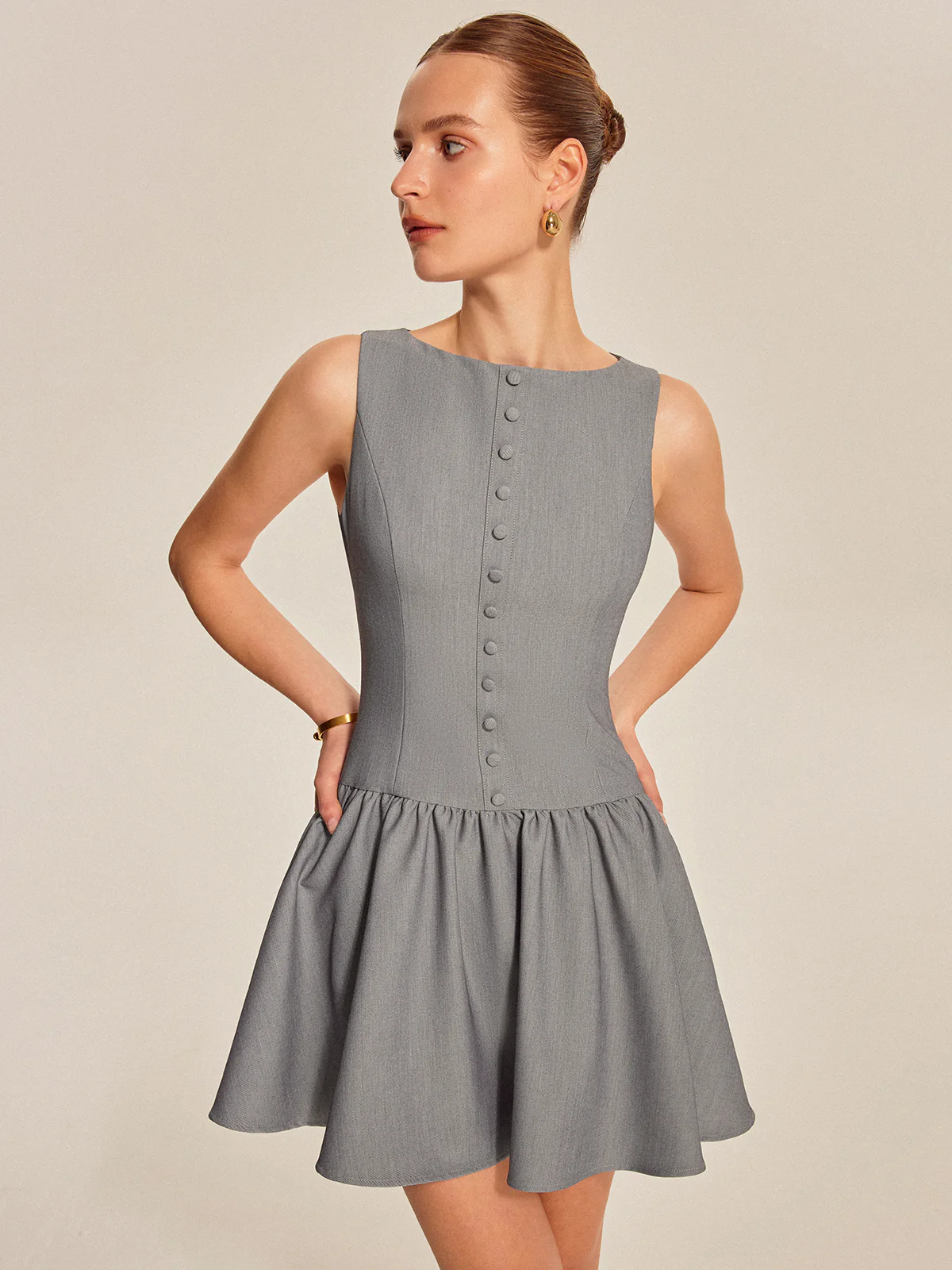 Button Front Pleated Sleeveless Dress - Image 3
