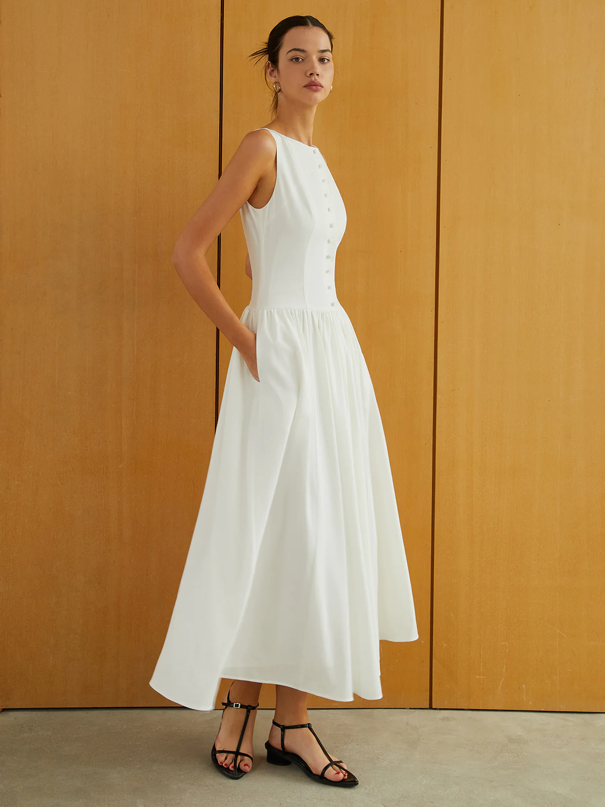 Button-Front Sleeveless Pockets Long Dress - Image 2