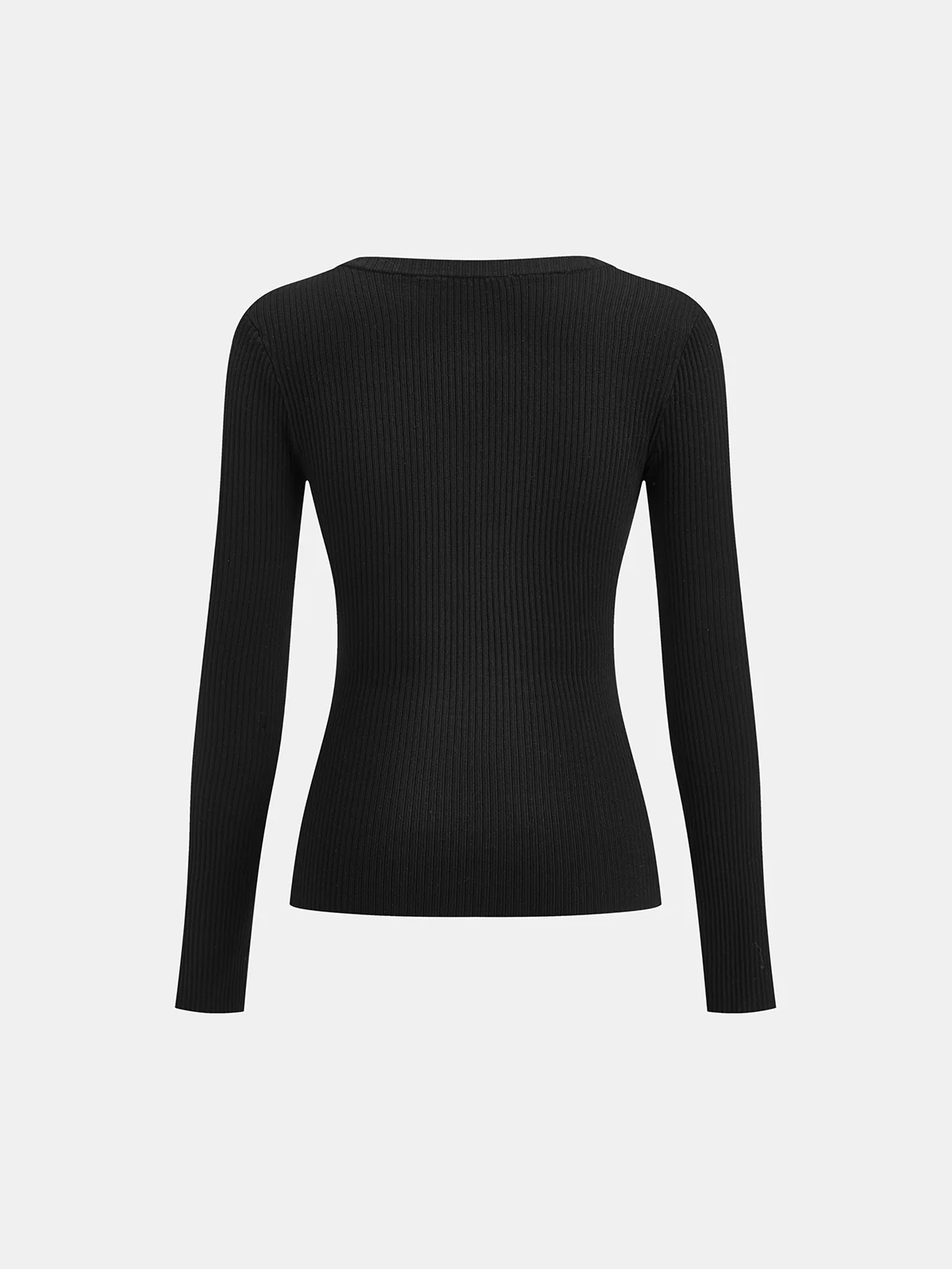 Button Placket Ribbed Knit Fitted V-Neck Top - Image 3