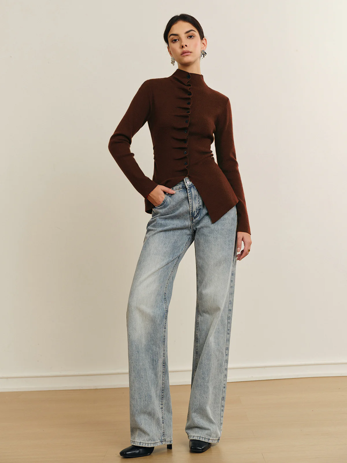 Button Pleated Split Knit Top - Image 2