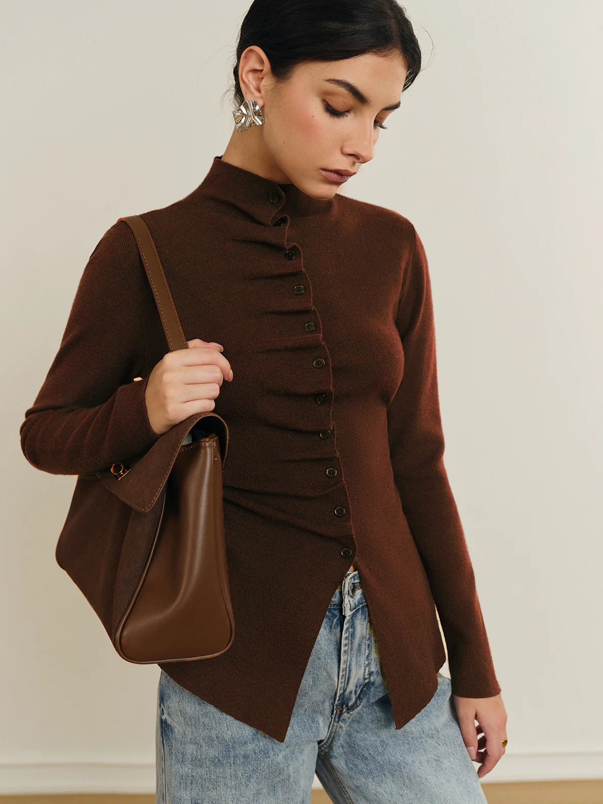 Button Pleated Split Knit Top - Image 3