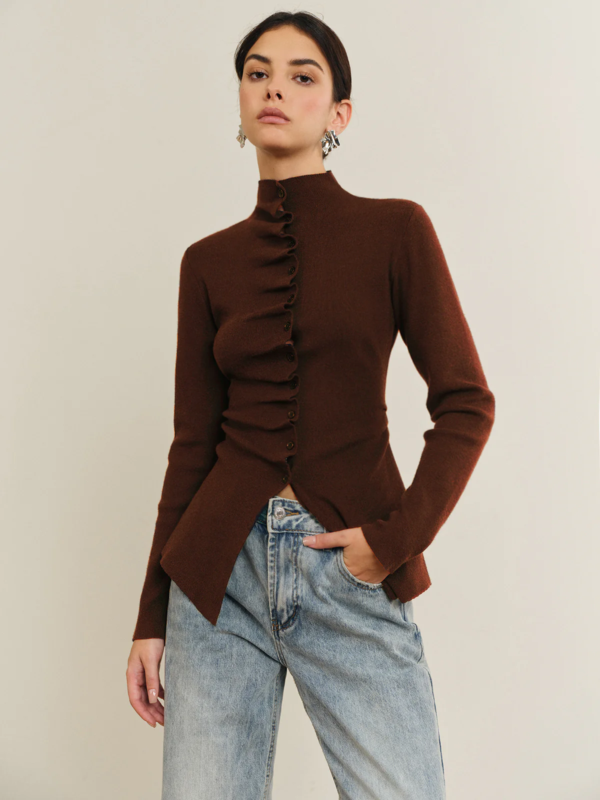 Button Pleated Split Knit Top - Image 4