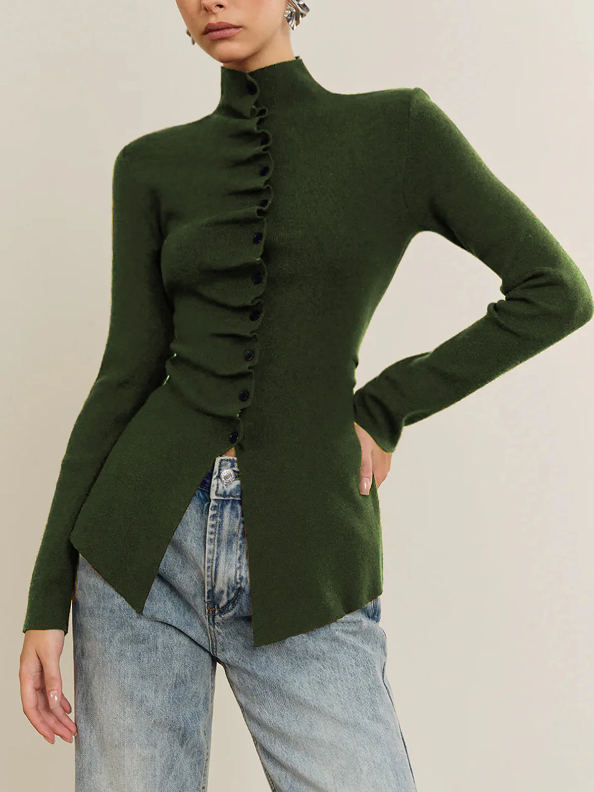 Button Pleated Split Knit Top - Image 6