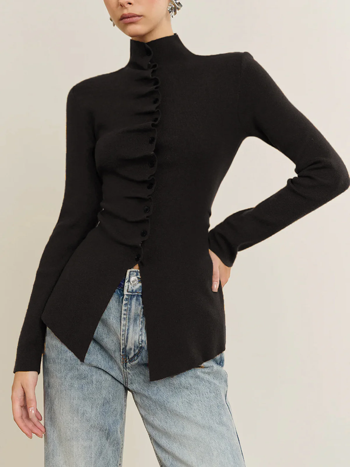 Button Pleated Split Knit Top - Image 7