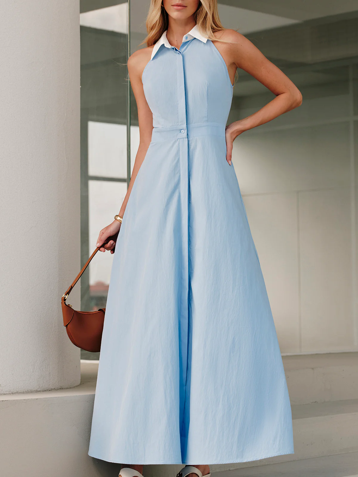 Button Sleeveless Collar Dress - Image 5