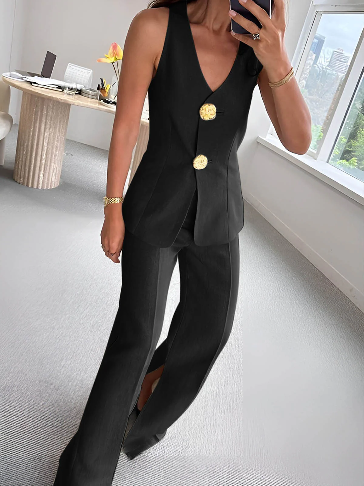 Button Split Sleeveless Pants Set - Image 6