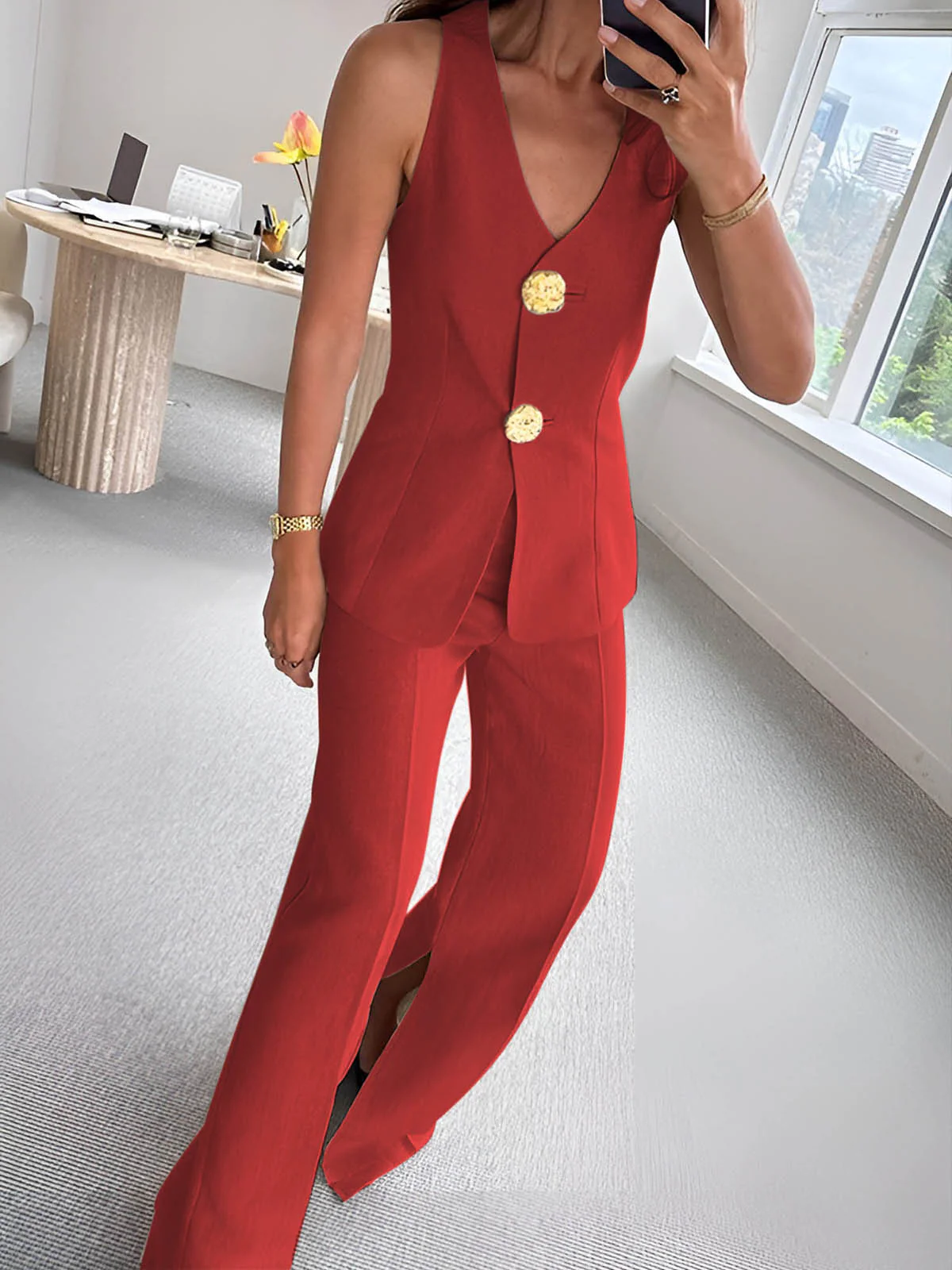 Button Split Sleeveless Pants Set - Image 7