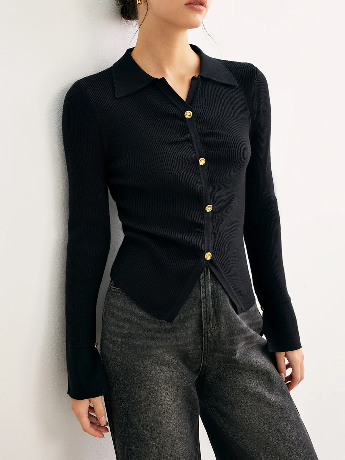 Button Split Slim Polo Sweater - Image 2